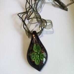 VINTAGE GLASS PENDANT/ LACE CHORDED NECKLACE